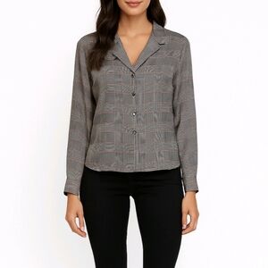 Talbots Petites Blouse Silk Black White Houndstooth Long Sleeve Button Up Size 8